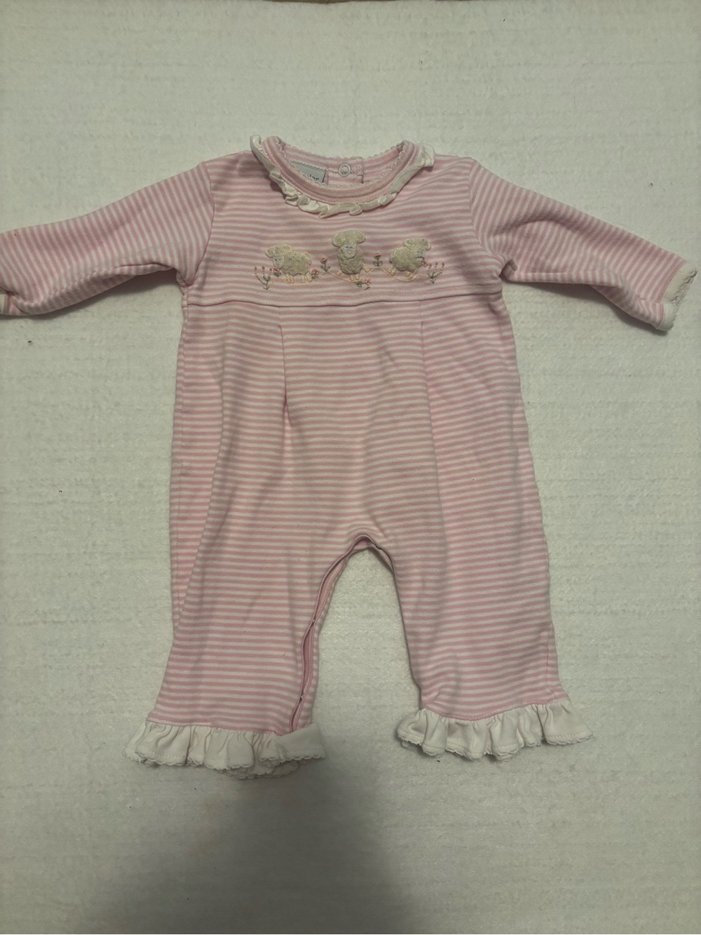 Squiggles by Charlie Pink  Ruffle Baby One-Piece with Lamb Embroidery